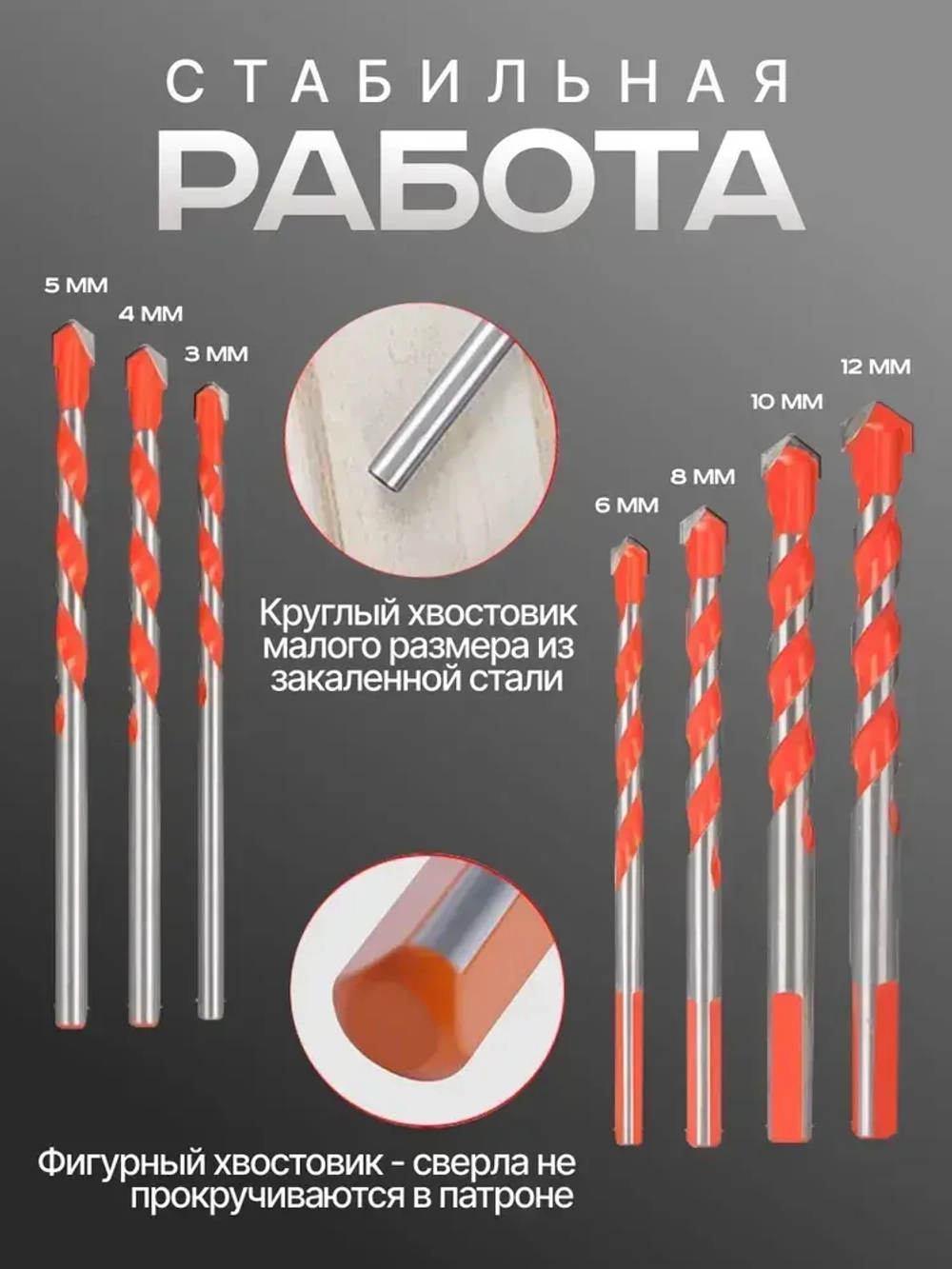 Сверла универсальные 5 шт. (6-6-8-10-12мм) по стеклу, керамограниту, мрамору, бетону, металлу, пластику, дереву