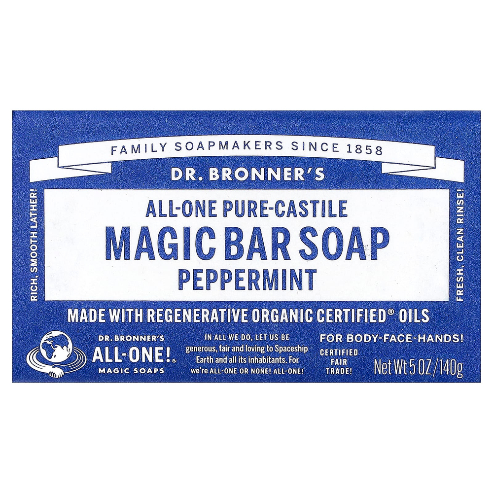 Dr. Bronner's, All-One Pure-Castile Magic кусковое мыло, перечная мята, 140 г (5 унций)