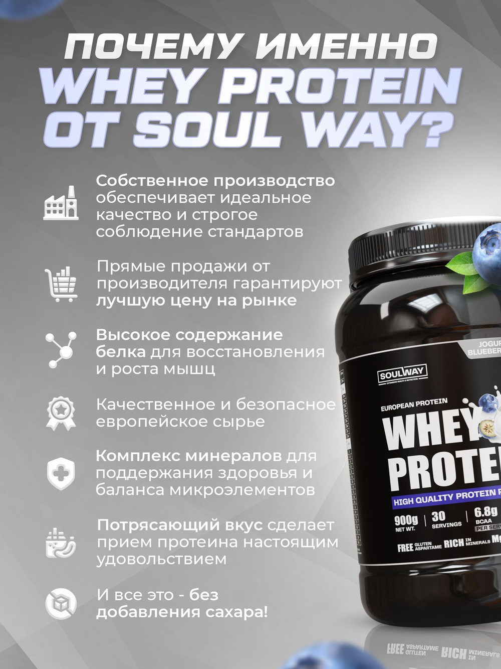 Протеин с черничным йогуртом 900 гр Soul Way