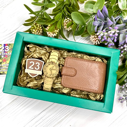 Шоколадный подарок "23 февраля. Портмоне. Часы"