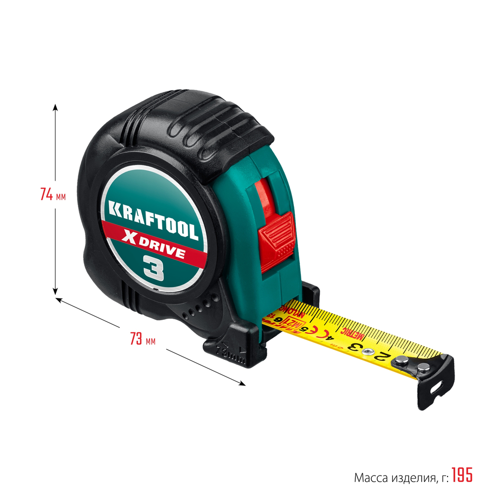 KRAFTOOL X-Drive, 3 м х 19 мм, рулетка (34122-03-19)