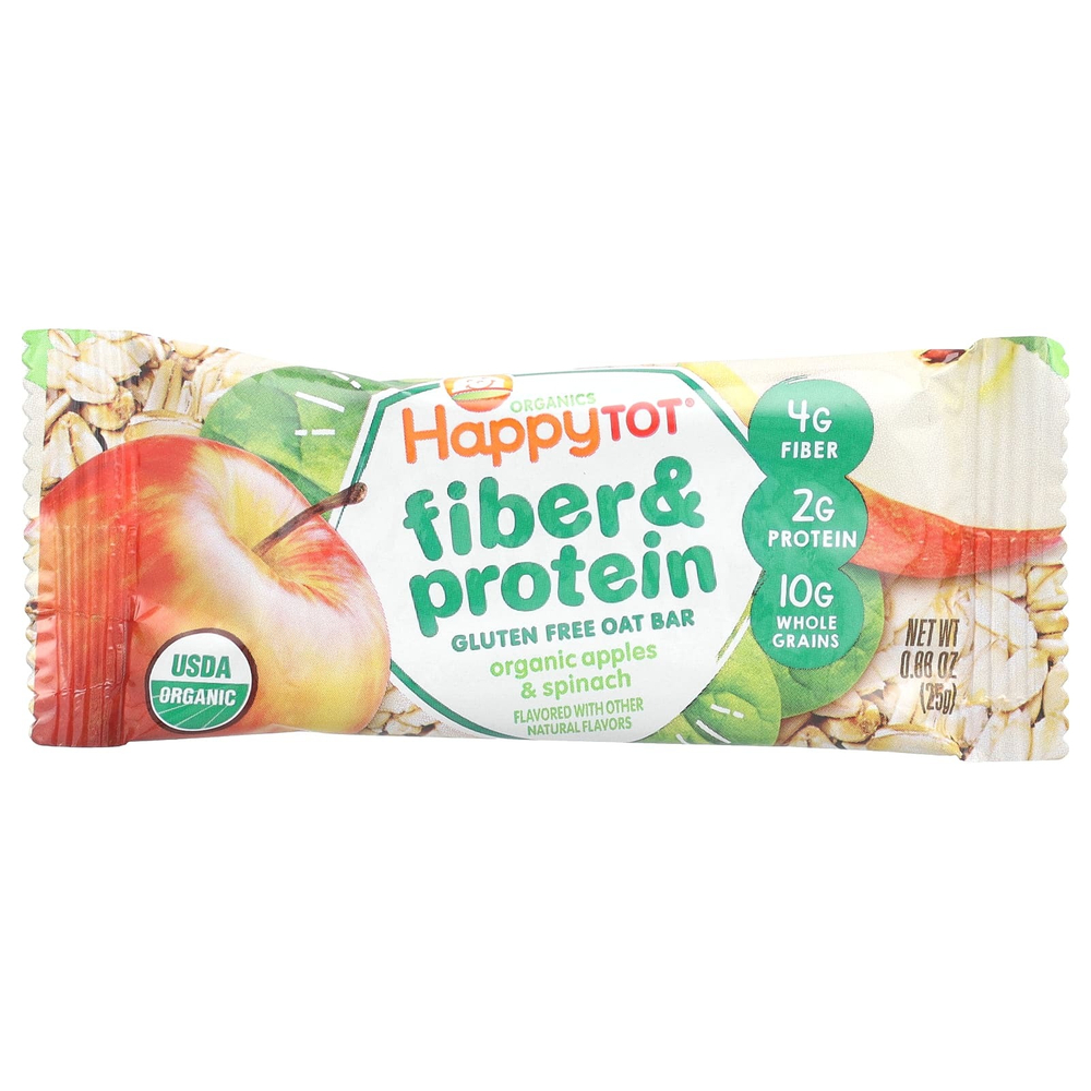 Happy Family Organics, Happy Tot®, овсяный батончик с клетчаткой и протеином, для детей от 2 лет, органические яблоки и шпинат, 5 батончиков по 25 г (0,88 унции)
