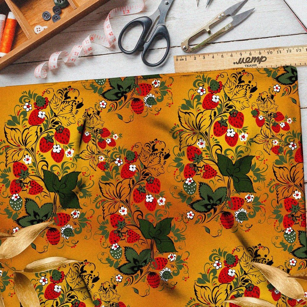 Ткань мембрана земляника с цветочками