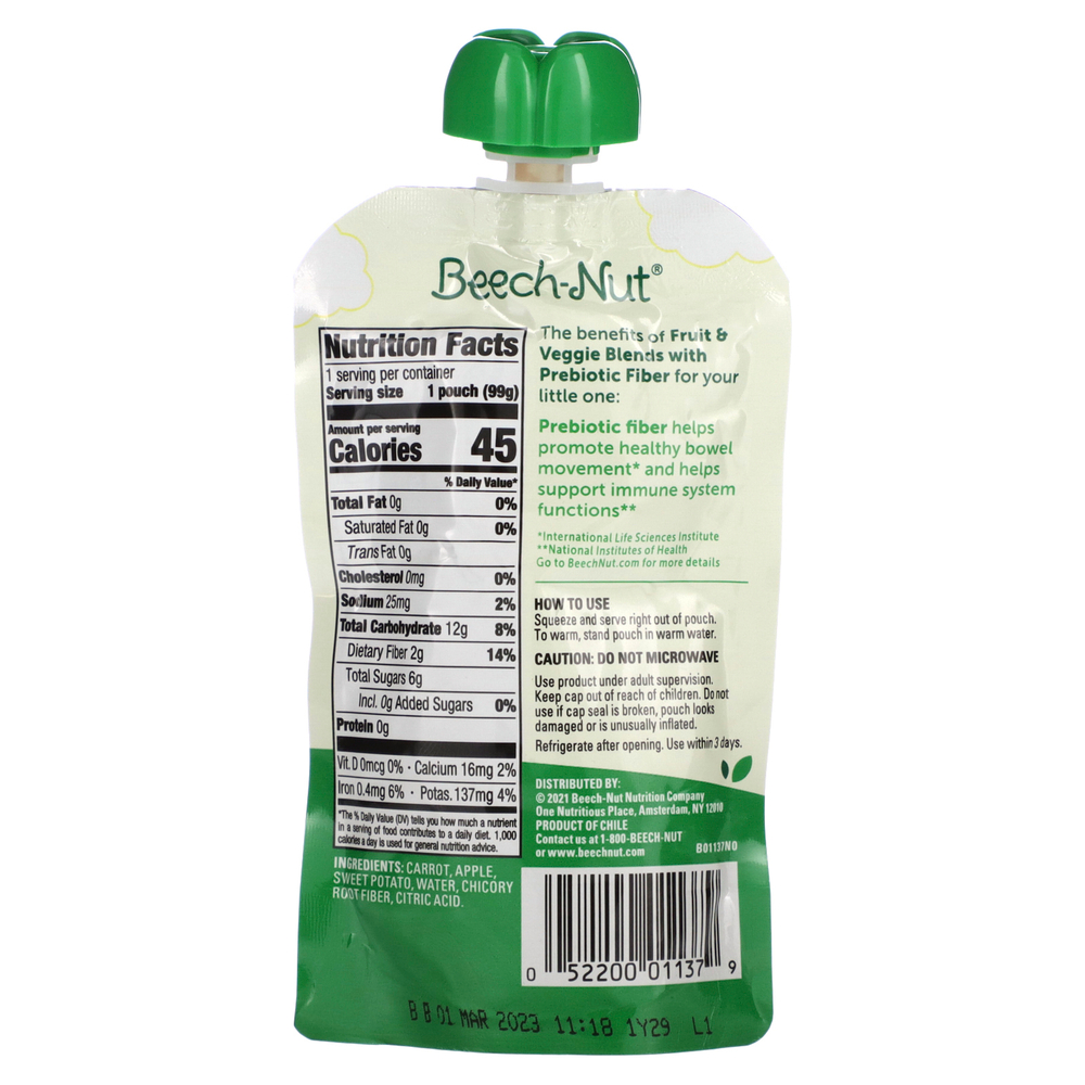 Beech-Nut, Фруктовые и овощные смеси с пребиотической клетчаткой, от 12 месяцев, морковь, яблоко и батат, 99 г (3,5 унции)