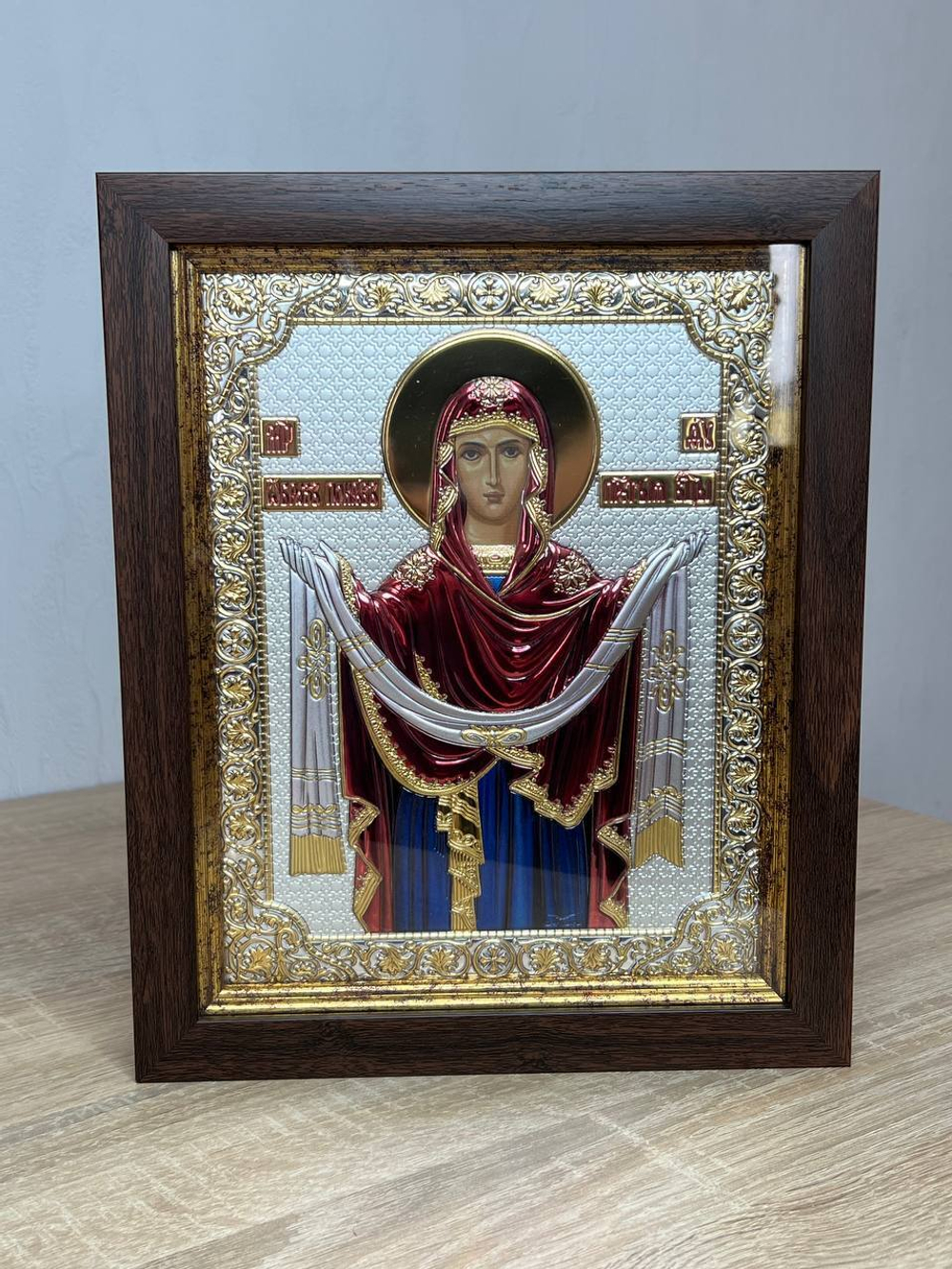 Покрова БМ, икона прямоугольная в рамке под стеклом, красное дерево, эмаль 232х280