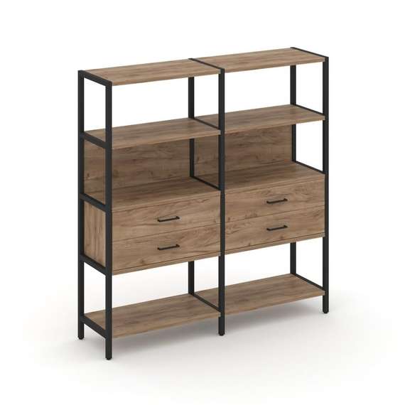 Shelf System Двухсекционный стеллаж четырехярусный с ящиками SN.STM-422 Дуб Табак/Металл Черный 1590