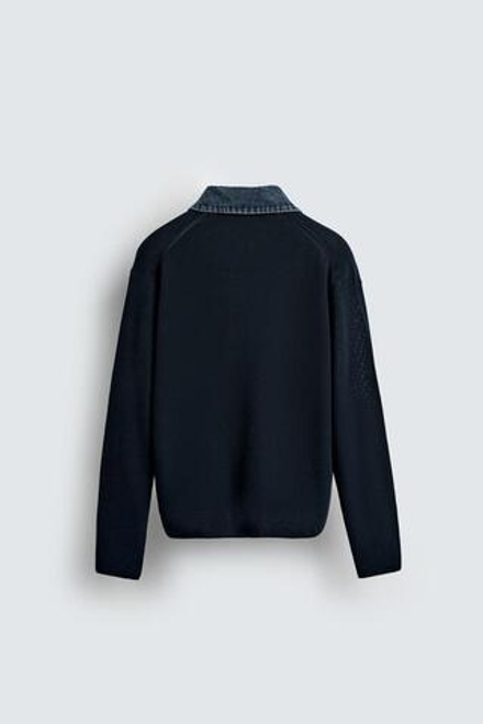 ZARA ТРИКОТАЖНОЕ ПОЛО С КОМБИНИРОВАННЫМ ДЖИНСОВЫМ ВОРОТНИКОМ, МОРСКОЙ СИНИЙ