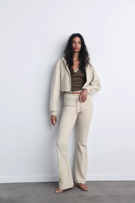 ZARA УКОРОЧЕННОЕ ХУДИ ИЗ ИНТЕРЛОКА, ЭКРЮ