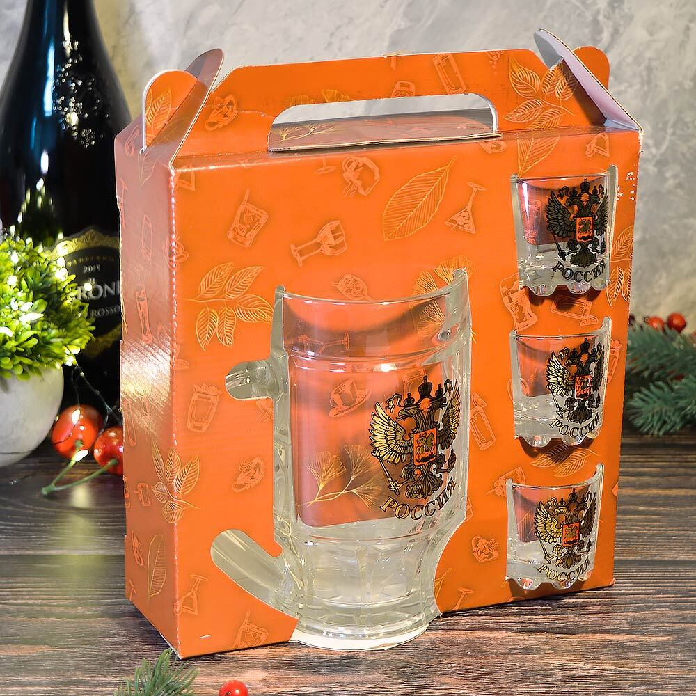 Набор 4 предмета (3 стопки 50мл, кружка для пива 500мл) Золотой герб России