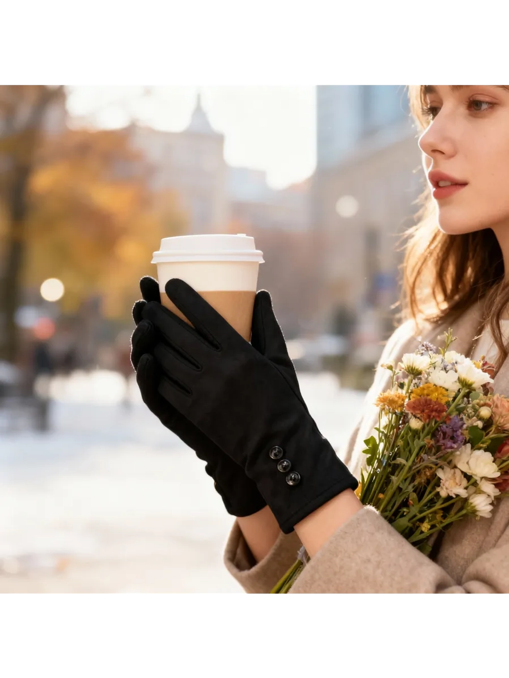 демисезонные перчатки тёплые с декоративными пуговицами