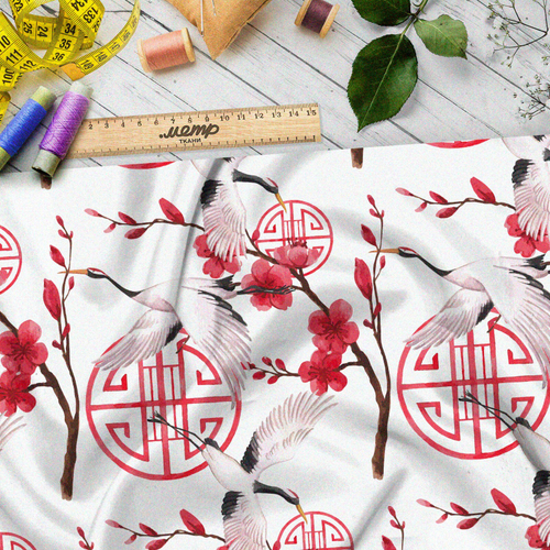 Ткань шелк Армани летящие журавли и цветущая сакура