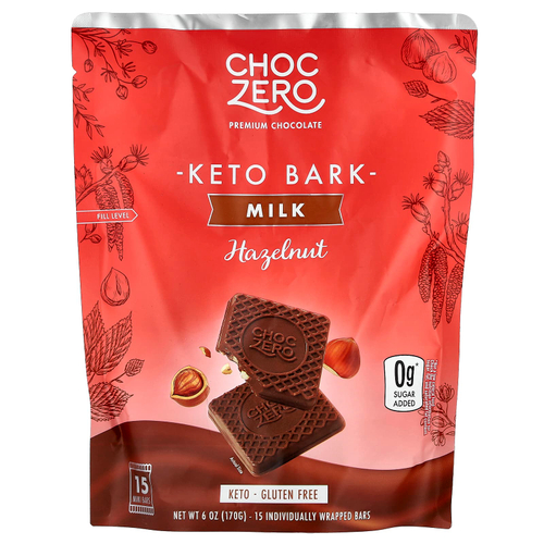 ChocZero, Keto Bark, молочный шоколад, фундук, 15 мини-батончиков, 170 г (6 унций)
