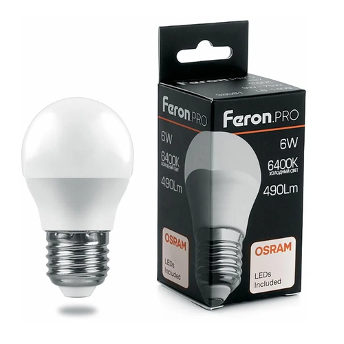 Feron.PRO Лампа св/д шар G45 E27 6W 490lm 6400K 6K матовый 81x48 OSRAM LED LB-1406 38070