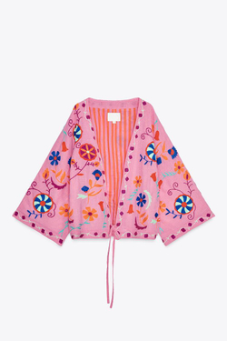 ZARA КАФТАН С ВЫШИВКОЙ, РОЗОВЫЙ