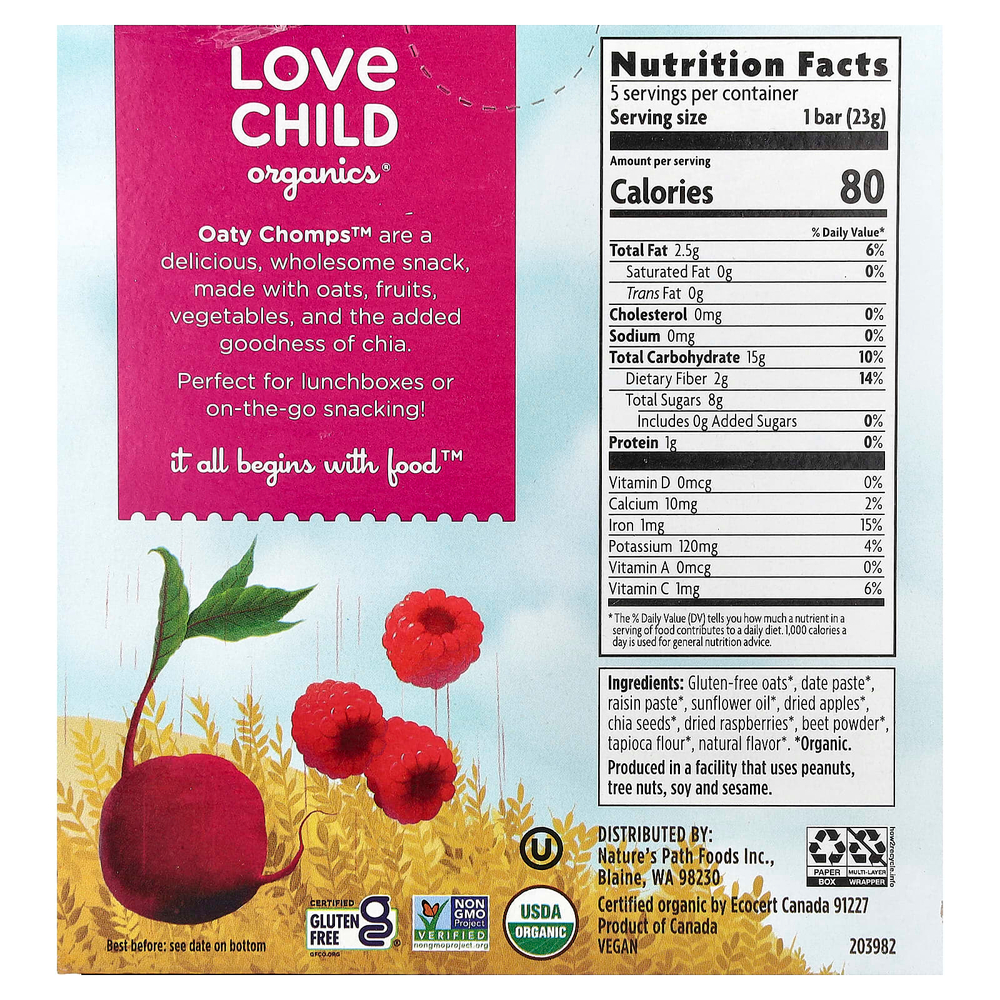Love Child Organics, Nature's Path, органические батончики Oaty Chomps™, для детей от 12 месяцев, малина и свекла, 5 батончиков в индивидуальной упаковке, 23 г (0,8 унции)
