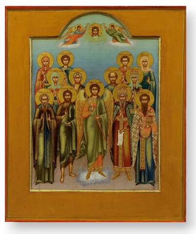 Ангел Хранитель с избранными святыми. Деревянная икона на левкасе